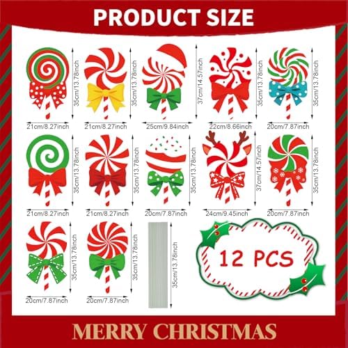 12-Piece Christmas Lollipop Yard Signs with Stakes Decorations – Assorted Candy Cane Peppermint Designs 14 Inches Large Outdoor Holiday Candy Signs for Garden, Lawn, Driveway, and Christmas Party Favor - Image 2