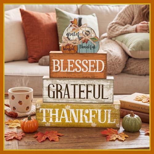 Lineshading 4 Pcs Stacked Pumpkin Block Signs, Fall Thanksgiving Decor - Image 3