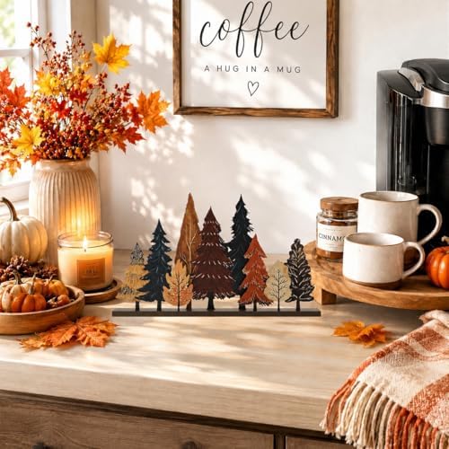 Smile Fall Thanksgiving Wooden Standing Decor, Autumn Forest Maple Pine Tree Tiered Tray Signs with Stands for Rustic Farmhouse Home Kitchen Shelf Decor - Image 6