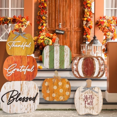 Bucherry 5 Set Thanksgiving Porch Decoration Pumpkin Wood Porch Standings Thankful Grateful Blessed Hello Fall Welcome Sign Decor with Base for Home Front Door Garden(Orange Style) by Bucherry
