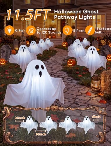 Halloween Ghost Pathway Lights, 4 Pack LED Yard Stake Lights Outdoor Decor - Image 4