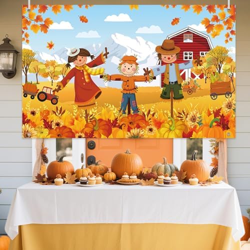 AIBIIN Pumpkin Patch Party Backdrop Fall Thanksgiving Farm Banner Autumn Maple Leaves Pumpkin Bulletin Board Decorations Pumpkin Party Photo Background Wall Decor Supplies 96 x 72 inch - Image 5