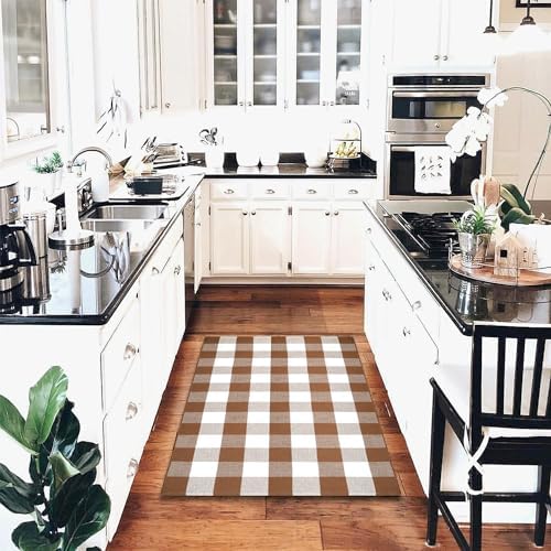 Homydecor Buffalo Plaid Outdoor Rugs, 3'x5' Coffe and White Checkered Area Rug, Layering Rug for Hello/Welcome Door Mat, Washable Cotton Woven Farmhouse Mat for Front Porch Décor - Image 5