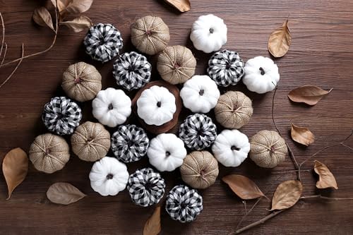SITUMEIZI 12 Pcs Pumpkins Fake Harvest Velvet Pumpkin White Black Small Faux Fabric Foam Pumpkin for Fall Decor Wedding Thanksgiving Halloween Home Farmhouse Decoration(Burlap) - Image 3