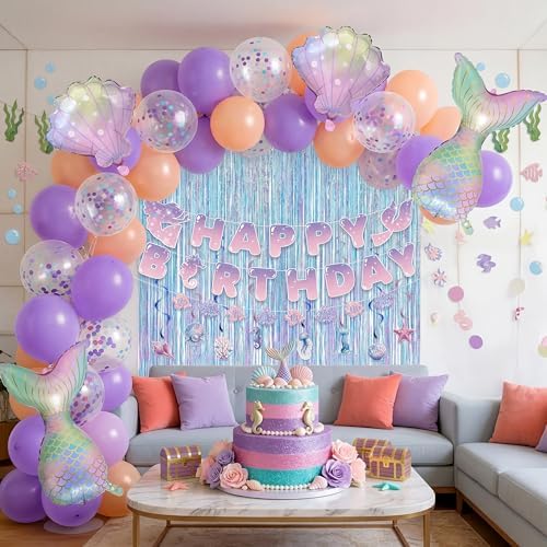 JOYIN Mermaid Princess Birthday Party Decoration Set, 76PCS Under the Sea Party Supplies with Banner, Foil Latex Balloons, Spiral Swirls and Tinsel Curtains for Girls, Kids Birthday Party Supplies - Image 4