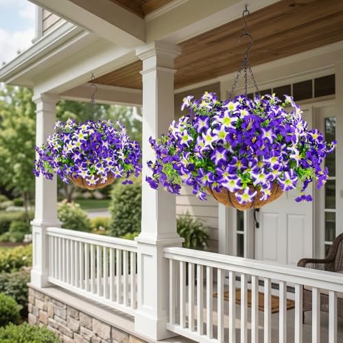 2 Set Artificial Petunias Flowers with Hanging Baskets, 24 Pcs Silk Petunia UV Resistant Purple Faux Petunias Flowers with Hanging Planter for Front Door Porch Spring Outside Decor (2, Purple) - Image 6
