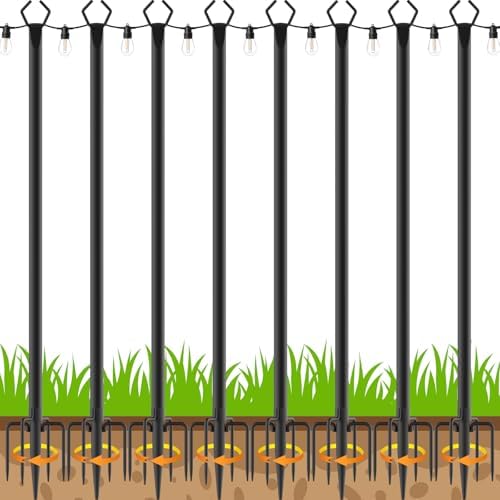 8 Pack 10 ft Heavy Duty Metal String Light Poles Adjustable Outdoor Lighting Stand for Patio,Backyard,Garden,Party & Wedding Rustproof & Sturdy with Hooks by Aulimhti