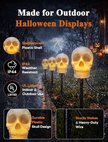 C7 Halloween Skull Pathway Stake Lights, 7 Ft Halloween Pathway String Lights with 4 C7 Bulbs, Stake, Halloweens Decorations Driveway Markers Lights for Outdoor Holiday Garden Walkway Party Lighting - Image 4