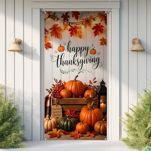 Happy Thanksgiving Door Cover 35.4x70.8in, Fall Pumpkins Maple Leaves Front Porch Banner, Autumn Harvest Thanksgiving Backdrop for Indoor Outdoor Home Yard Wall Decor - Image 6