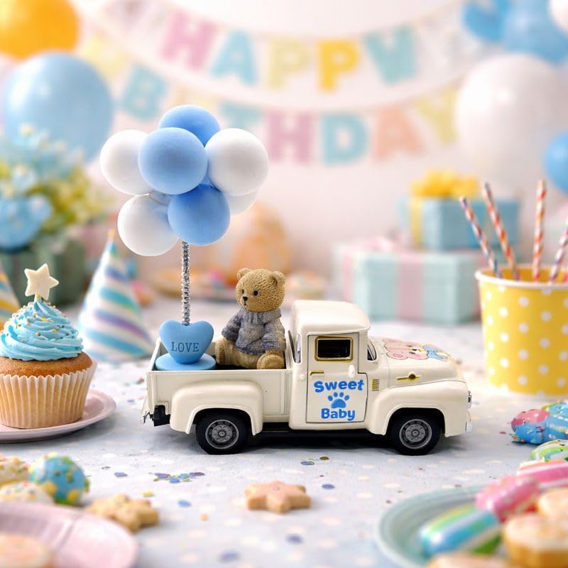 Baby Shower Decorations for Boy, 5.7 Inch Mini Vintage Metal Pickup Truck with Blue Bear and Balloons, Welcome Baby Centerpiece, Nursery Tiered Tray Decor, Gender Reveal Decor, Newborn Gift for Boy - Image 2