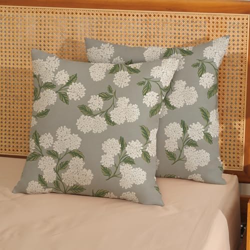 Grey Spring Pillow Covers 20x20 Inch 2 Pcs Gray Green Hydrangea Flower Decor Throw Pillows Vintage Floral Seasonal Summer Outdoor Decoration Pillowcase Linen Cushion Cover for Couch Sofa - Image 2