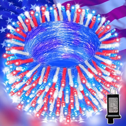 LAMPHOME 33ft Red White Blue String Lights, 100LED 4th of July Patriotic Fairy Lights Plug in,16 Lighting Modes with timer Starry Lights for Outdoor Tree Independence Day Memorial Day tree Party Decor by ULL