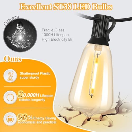 Brightever 100FT Outdoor String Lights 52 Bulbs, 2200K Amber Lights - Image 2