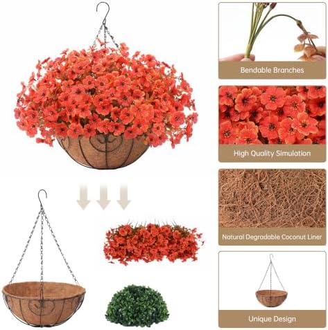 2 Set Artificial Fake Mums Fall Flowers Plants with Hanging Basket for Outdoors Autumn Decoration,Faux Mum Plastic Flowers Outside,UV Resistant 24pcs Daisy for Planter Patio Porch Home Decor (Orange) - Image 4