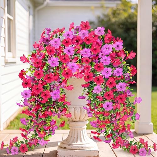 Artificial Fake Hanging Flowers Plants for Outdoor Outside Spring Summer Decoration 2PCS Faux Silk UV Resistant Realistic Mums Daisy with Eucalyptus for Home Porch Patio Balcony(Hot pink & Magenta) by Sggvecsy