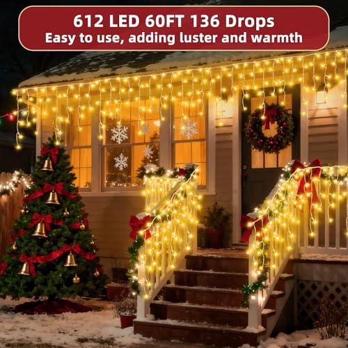 612 LED 60ft Christmas Lights with 136 Drops, 12 Lighting Modes Warm White Christmas Decoration Twinkling Lights Dimmable, Timer Outdoor Waterproof Fairy Lights for Indoor Garden House Eaves Roof - Image 2