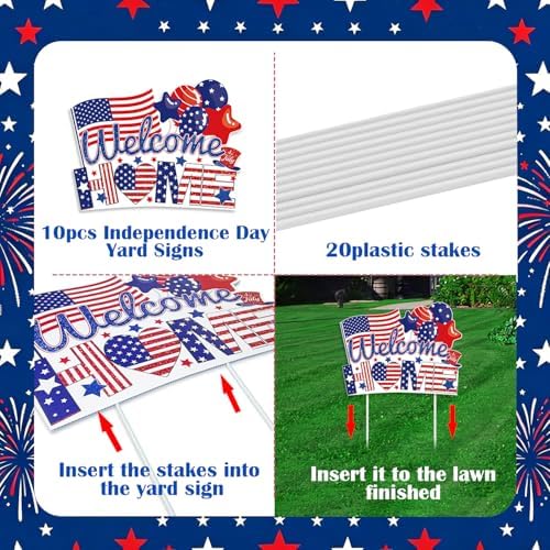 10Pcs 4th of July Yard Signs Outdoor Decorations, Patriotic Yard Signs with 20 Stakes, Red White Blue Stars and Stripes for Independence Day Memorial Day Garden Lawn Outdoor Decor - Image 4