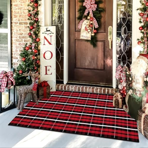 Christmas Front Door Mat Outdoor 2'X4.3' Red Plaid Porch Rug Welcome Mat by OJIA