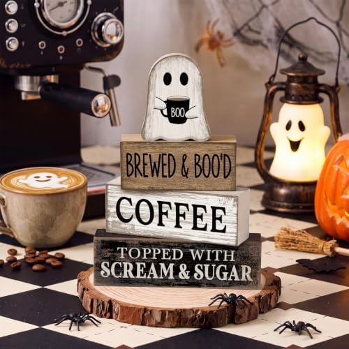 Lineshading 4 Pcs Halloween Ghost Blocks, Wooden Coffee Farmhouse Decor - Image 2