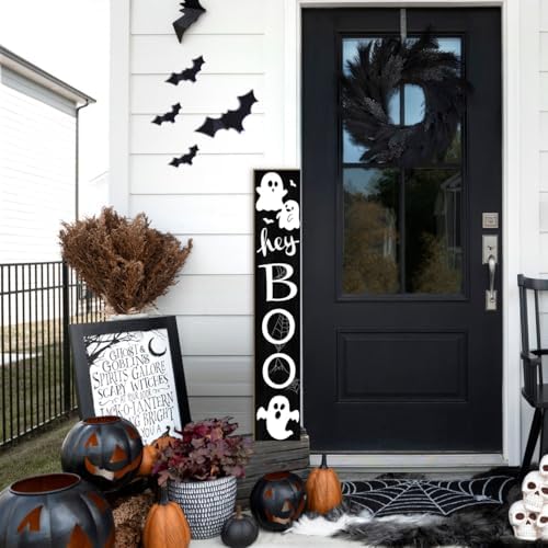 Halloween Porch Sign with Cute Ghost and Bats Design Door Hanging Decor Wooden Vertical Indoor Outdoor Standing Hey Boo Welcome Signs For Garden Home Yard Farmhouse Porch 47.2 x 7.8 Inch - Image 5