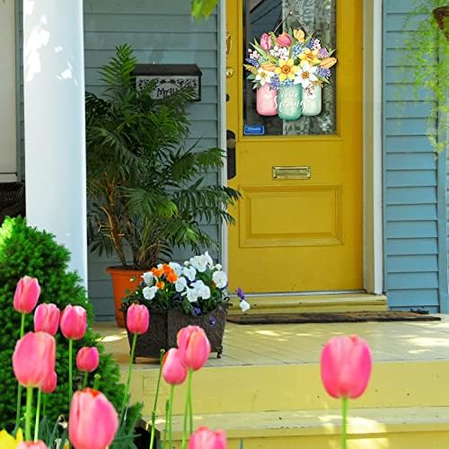 Ferraycle Spring Flower Door Sign Spring Decorations for Front Door Hello Welcome Sign with Jar Colorful Wooden Hanging Decorations for Home Indoor Outdoor Farmhouse Porch Decor - Image 4