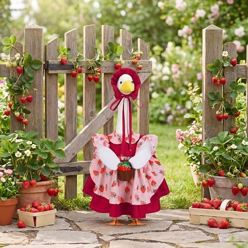 Abbylike Summer Porch Goose Outfits for 23''/17" Cement Statue Strawberry Goose Outfit Strawberry Gril with Basket Costume for Spring Summer Outdoor Yard Lawn Patio Decor - Image 5