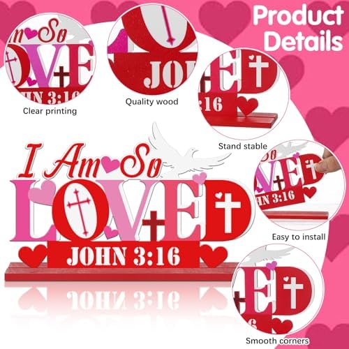 Amyhill 9 Pcs Valentine's Day Christian Wooden Table Decorations Centerpieces Religious Love Pink Red Heart Wooden Cross Sign Christian Vintage Valentines Decor for Home Shelf Block - Image 3