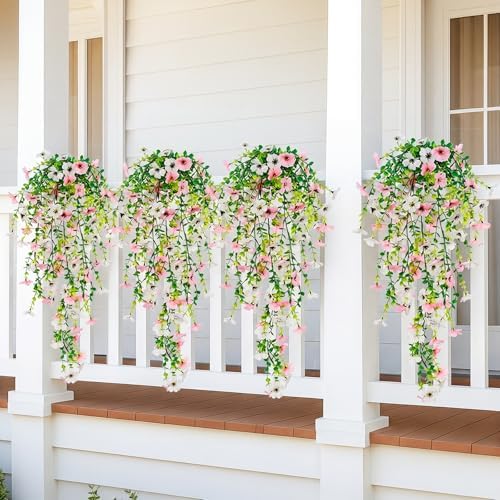 Artificial Flowers for Outdoors,8PCS Hanging Outdoor Faux Plants,UV Resistant Fake Flowers for Outdoor Planters,Realistic Fake Plants Spring Decor for Porch,Patio,Yard (PinkWhite) - Image 7