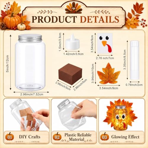 Qinyoung 12 Pcs Thanksgiving Turkey Craft Mason Jars Tissue Paper Craft with LED Candle Light Make Your Own Turkey Mason Jars Decoration for Fall Harvest Thanksgiving Party Fun Home Actives - Image 2