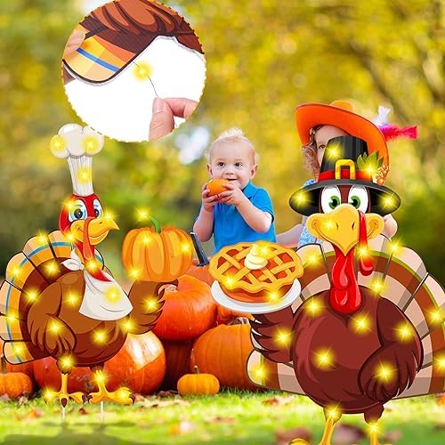 Soaoo 2 Pack Thanksgiving Turkey Yard Signs with LED String Light Outdoor Fall Yard Decorations with Stakes Pumpkin Thanksgiving Lawn Garden Sign for Harvest Party Decorations, 32 x 12 Inch - Image 4
