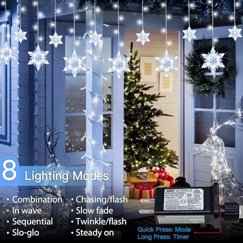 Snowflake Christmas Lights Outdoor, 8.2ft 144 LED Connectable Xmas String Light Plug in, Hanging Icicle Lights for House, Eaves, Outside, Window, Roof, Yard, Fence Decor, White - Image 3