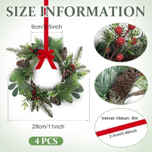 4 PCS 9" Small Christmas Norfolk Wreaths Mini Cabinet Wreaths for Kitchen with Red Berry Pinecone Cedar Bows Snowy Pine Wreath for Xmas Front Door Window Fireplace Home Table Pillar Stairs Decor - Image 3