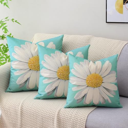 Spring Summer Outdoor Waterproof Pillow Covers 20 x 20 Inch Set of 2 Blue Daisy Flower Decorative Cushion Cases for Sofa Couch Garden Patio - Image 2