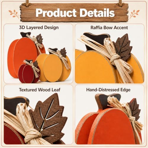 Wooden Pumpkin Fall Decor, 3-Piece Indoor Fall Decorations for Home, Rustic Harvest Autumn Thanksgiving Pumpkin Signs with Wooden Leaves for Tiered Tray, Table, Entryway, Mantel, Shelf, Office Desk - Image 5