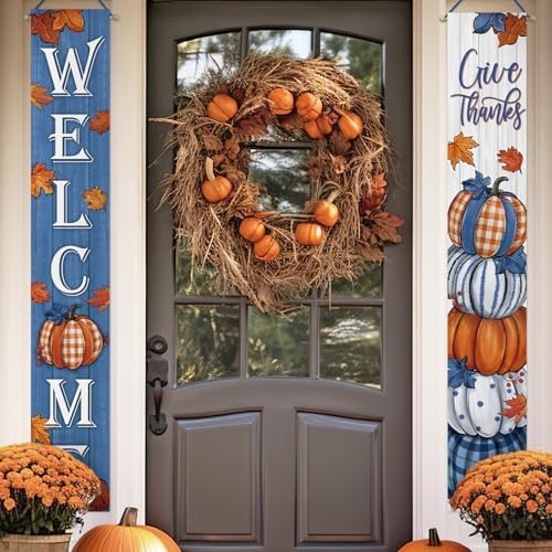 Deroro Welcome Fall Thanksgiving Pumpkin Porch Banner Sign, Blue Autumn - Image 5