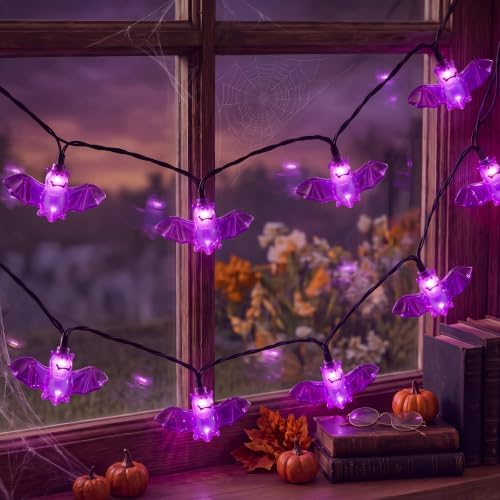 8.5Ft Outdoor Halloween String Lights with 10 Purple Bat Lights Plug in by Goothy