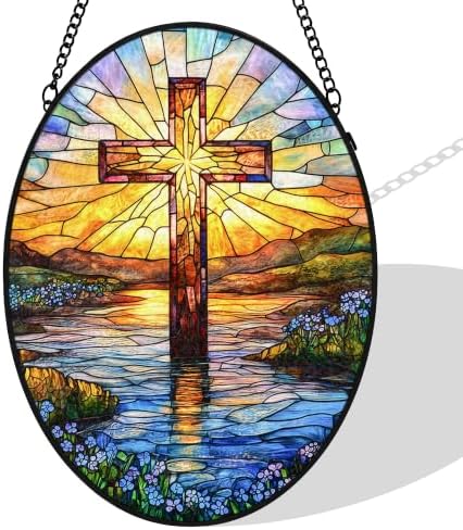 Cross Forget Me Not Stained Glass Window Hanging Suncatcher by Unknown