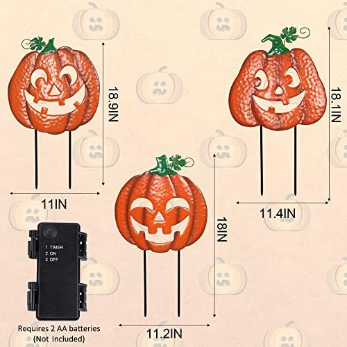 Juegoal 3 Pack Halloween Lighted Pumpkin Garden Stakes, Metal Jack-o-Lantern Light Up Outdoor Decor, Halloween Yard Signs with Battery Powered & Timer, Decorative Pumpkins Figurine for Lawn Pathway - Image 3