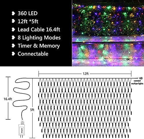 LYHOPE 12ft x 5ft 360 LED Christmas Net Lights, 8 Modes Low Voltage Green Wire Mesh Christmas Decorations Lights for Xmas Trees, Bushes, Wedding, Garden, Outdoor, Indoor Decor (Multicolor) - Image 4