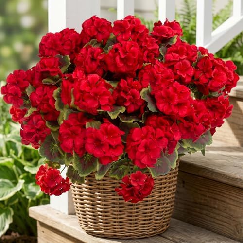 lovemoon 16 Pcs Artificial Geranium Plant Realistic Silk Flowers for Outside UV Resistant Faux Geraniums Flowers for Indoor Outdoor Home Garden Office Decoration (16, Red) by Lovemoon