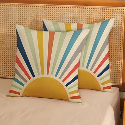 Summer Pillow Covers 18x18 Inch Set of 2 Outdoor Boho Rainbow Sun Throw Pillows Colorful Stripes Decorative Pillow Cases Linen Yellow Sunshine Cushion Covers Decor for Couch Sofa Bed Decor - Image 3