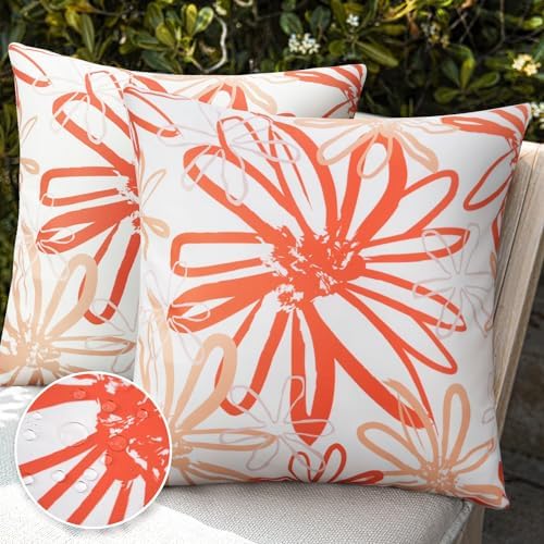 Pyonic Outdoor Waterproof Pillow Covers Pack of 2 Dahlia Water Resistant Decorative Outdoor Pillow Covers 18x18 inch Square Patio Pillows for Funiture Garden,Orange - Image 2