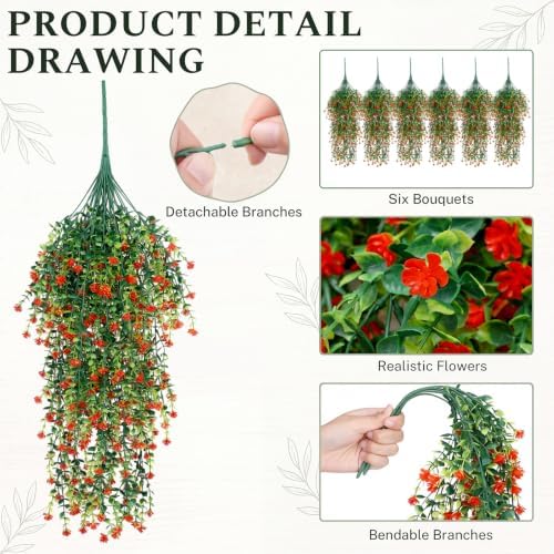 6 Pcs Fall Artificial Hanging Flowers Outdoor, Orange, Plastic - Image 3