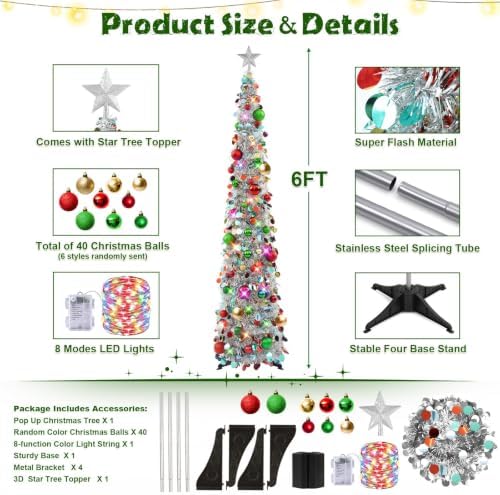 N&T NIETING Pop Up Christmas Tree with Lights, Collapsible Tinsel Xmas Tree Decorations, Pencil Christmas Tree Skinny Tree for Holiday Xmas Home Office Decor, 40 Balls, 6Ft, Silver - Image 3