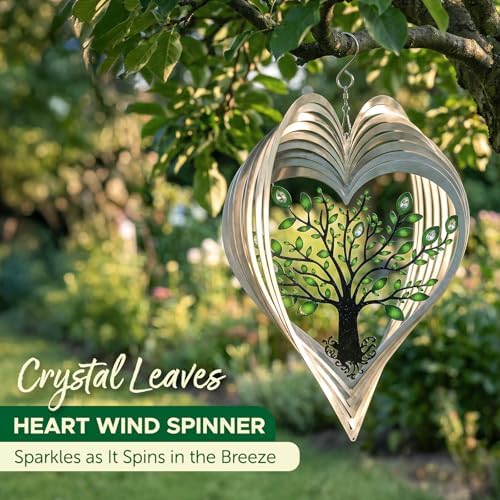 ISEO Silver Heart Wind Spinner with Glass Crystals Outdoor, 12 Inch Tree of Life Hanging Garden Decor, Gift for Women Mom Grandma - Image 2
