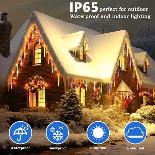 Meteor Shower Lights, 12 Inch 10 Tube 360 LED Multicolor Raindrop Lights for Outdoor Xmas Patio Garden Roof Eaves Decoration (Can Connect 100 Sets) - Image 4