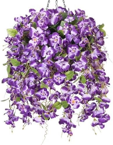 Artificial Fake Hanging Hibiscus Flowers Plants Baskets for Outdoor Decoration, Faux Silk Hibiscus Long Vines in Planter UV Resistant Realistic Flowers for Outside Porch Patio Home Decor, Darkpurple by HyeFloraartificialflowers