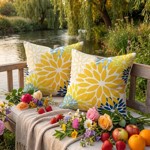 AVOIN colorlife Dahlia Flowers Yellow and Blue Waterproof Outdoor Throw Pillow Covers, 18 x 18 Inch Outdoor Summer Cushion Case Decoration for Patio Garden Porch Set of 2 - Image 4