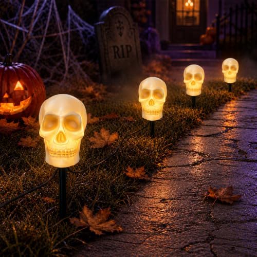 Halloween Skull Pathway Lights, 4 Pack Skeleton Lights with Stakes by Konictom