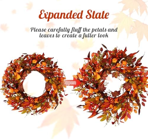 24 inch Berry Branches Fall Wreath for Front Door with Colorful Leaves - Image 4